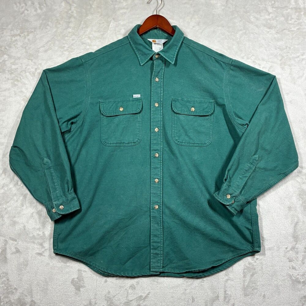 Vintage Carhartt Mens XL Chamois Flannel Shirt 90s USA Green Heavyweight Cotton